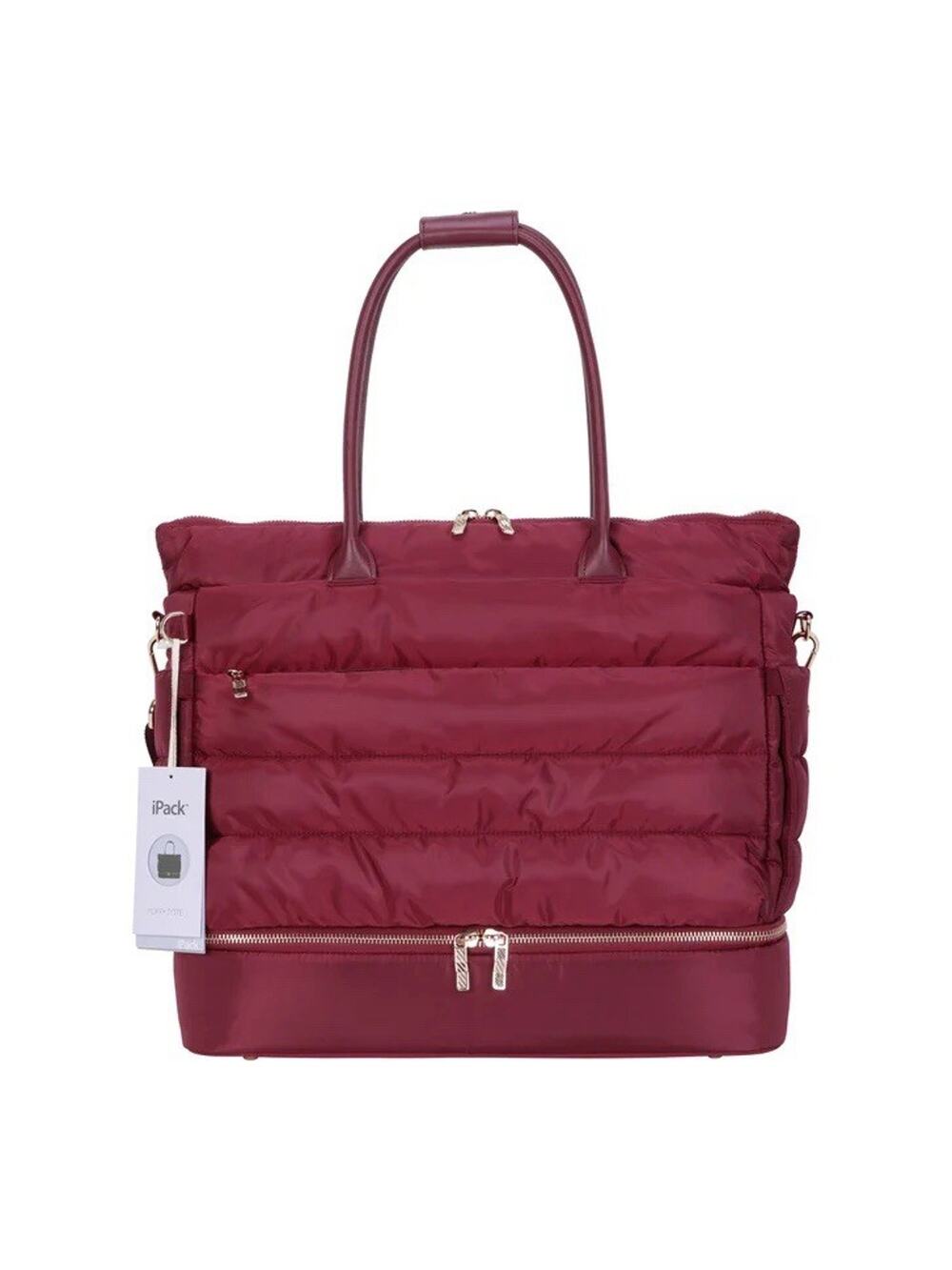 New! iPack Puffy Tote Bag With Shoe Compartment, Padded Laptop Pocket In Wine